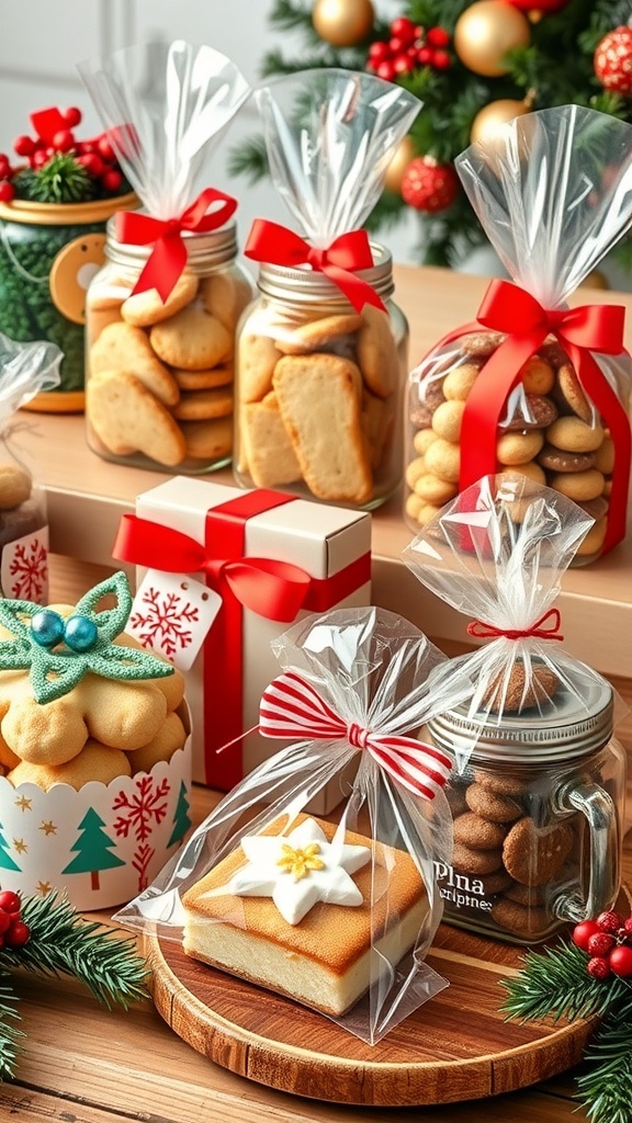 Christmas Baking Gift Packaging Ideas A festive display of Christmas baked goods in jars, boxes, and bags, decorated with ribbons and holiday themes.